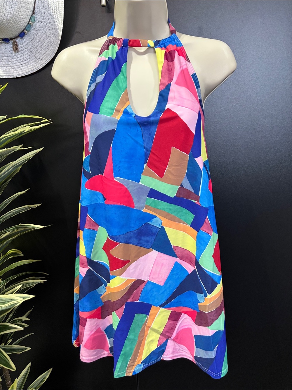 Venus Swimsuit Dress,keyhole front,removable pads,abstract pattern,half back